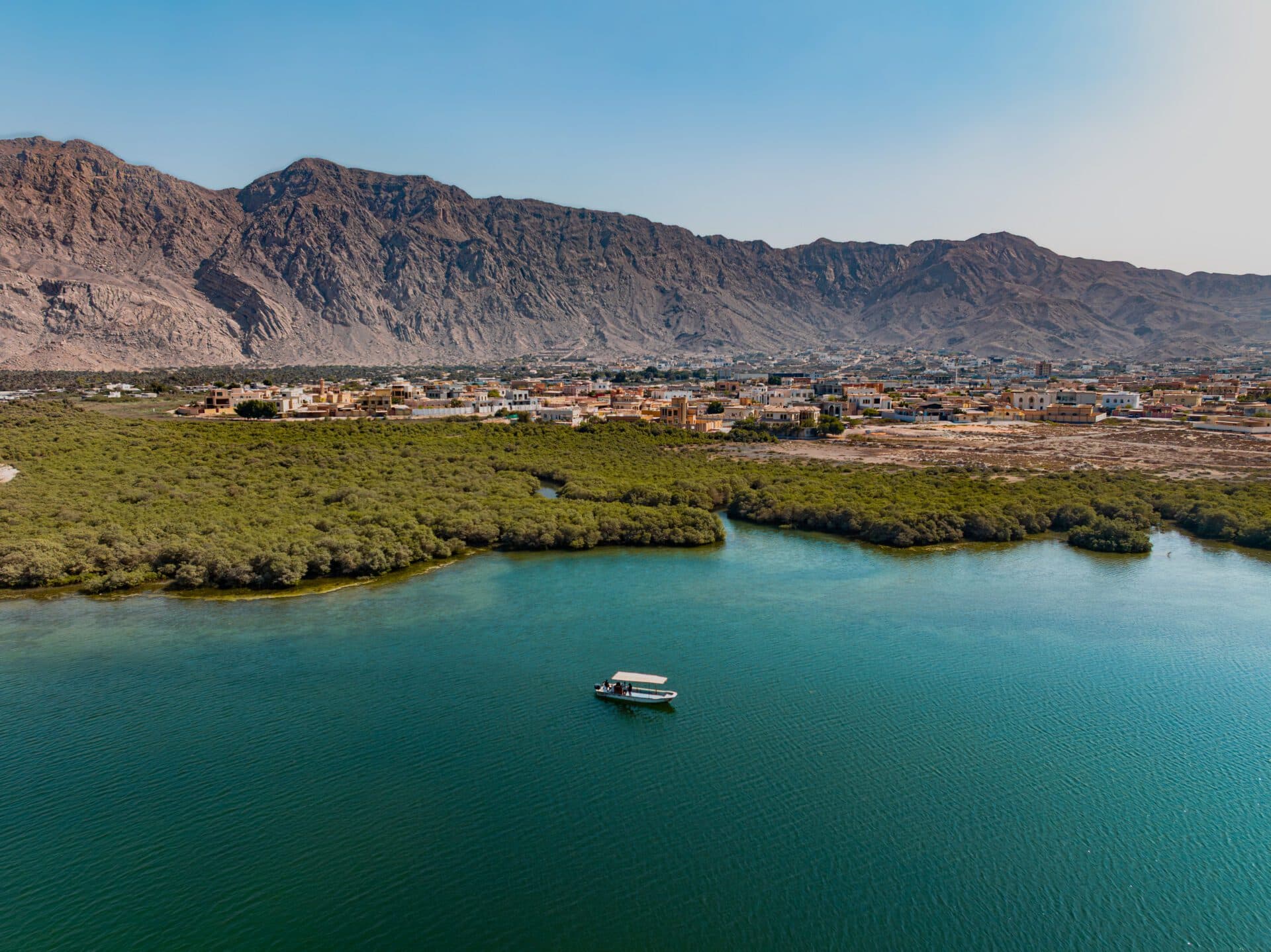 Ras Al Khaimah city, mangroves and mountains near central districts